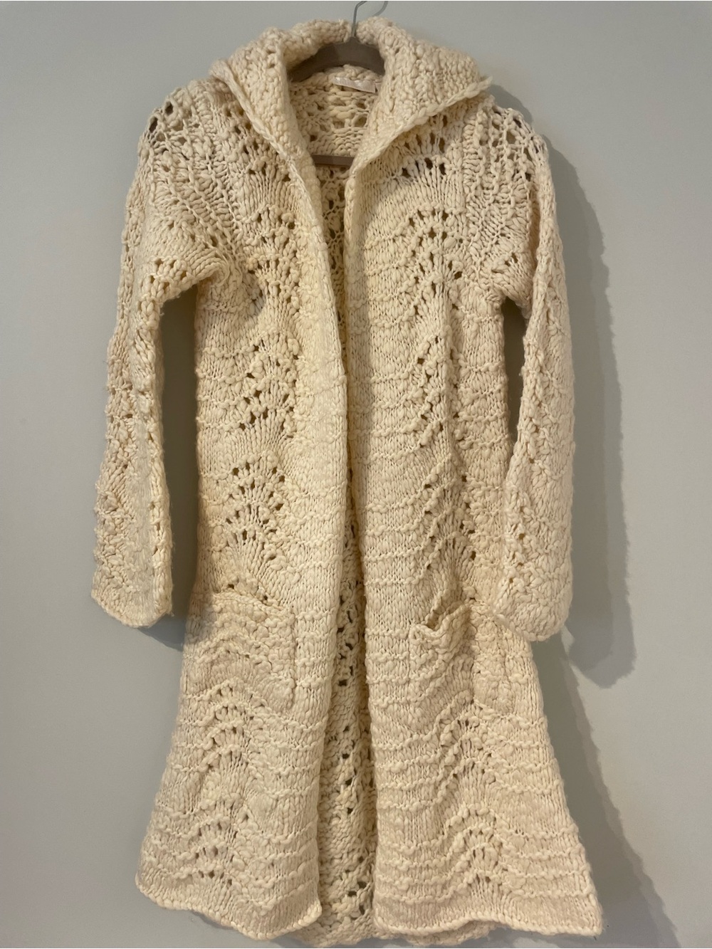 Cream Hooded Openfront Crochet Longline Cardigan